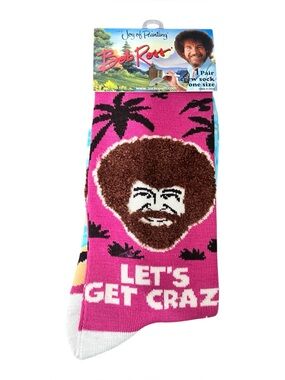 Bob Ross Men’s Bright Pink Novelty Crew Socks - Let’s Get Crazy